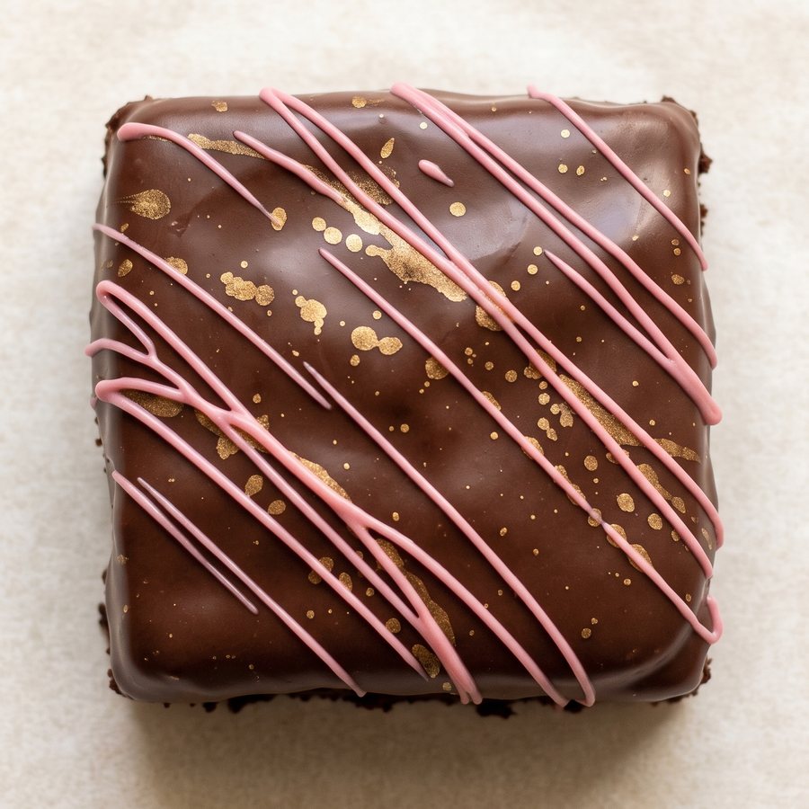 Brownie com fios de glacê rosa por cima